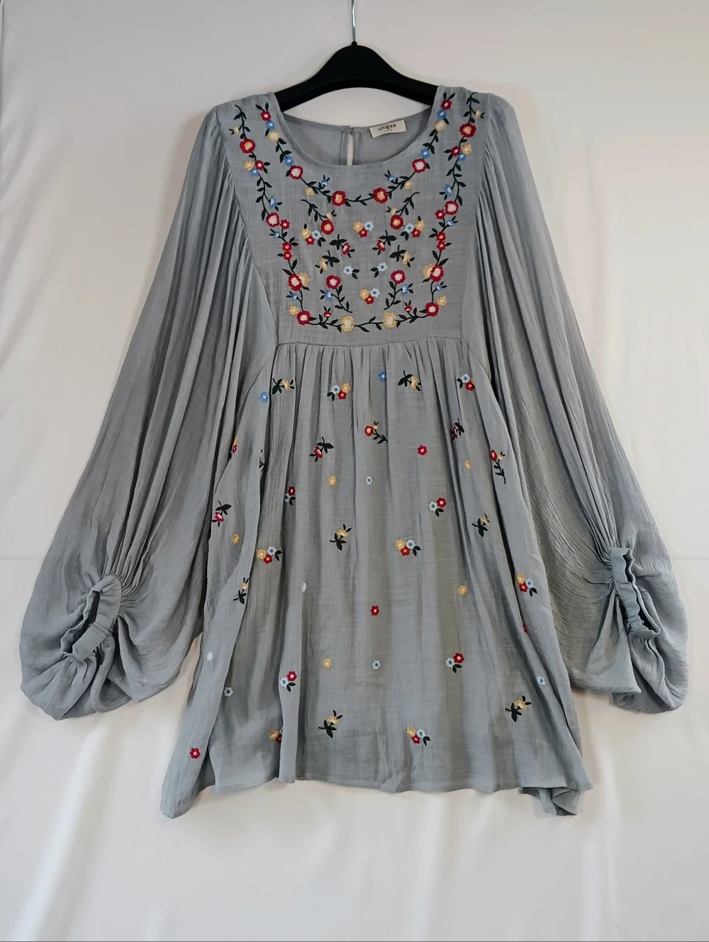 Embroidered Balloon Sleeve Dress Smocked Mini Flowy Floral Rayon Red Gray Size S - Picture 9 of 14